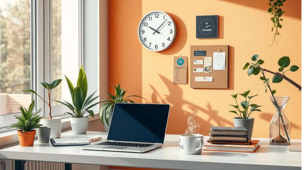 A vibrant workspace filled with natural light, featuring a sleek desk with a laptop, organized notebooks, a steaming cup of coffee, and a wall clock showing efficient time management.